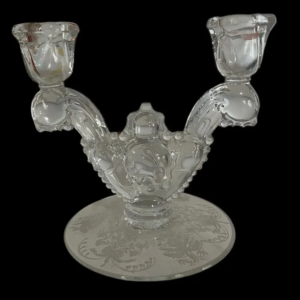 Vintage HEISEY Eternal Orchid Pattern Etched Crystal Double Light Candleholder